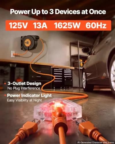 VEVOR Retractable Extension Cord Reel 25FT (7.6m) Heavy Duty 14AWG/3C SJTOW Orange | Mountable Power Outlet with Triple Tap thumbnail 3
