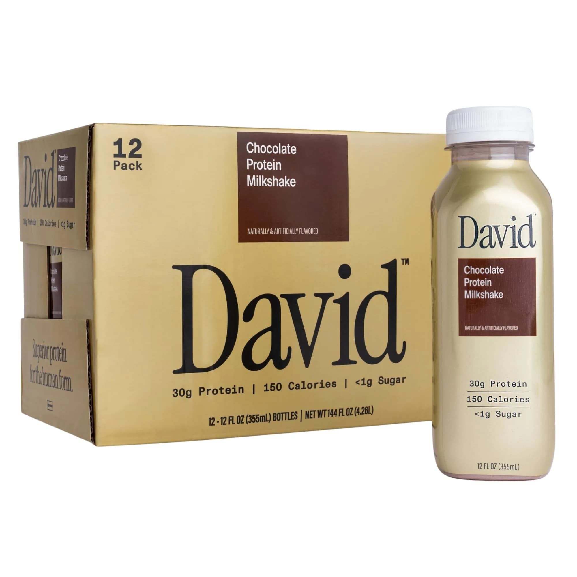 David Chocolate Protein Shake, 30g Protein, Ready to Drink, 12 fl oz | Rich Chocolate Flavor, Lactose Free, 12 Pack — Chocolate