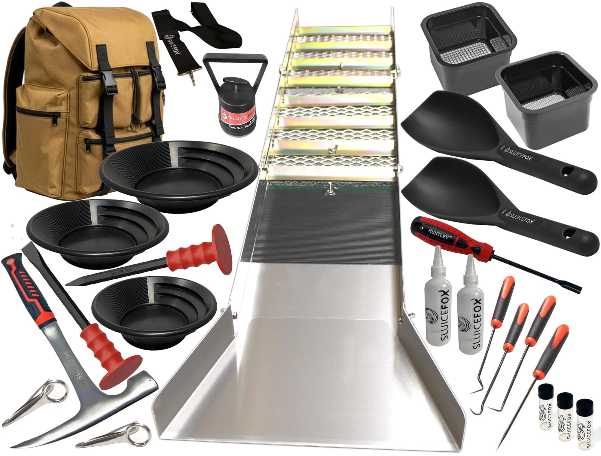Sluice Fox Complete Gold Mining Kit | Folding 50 inch Sluice Box & Prospecting Tools — Tan Bag