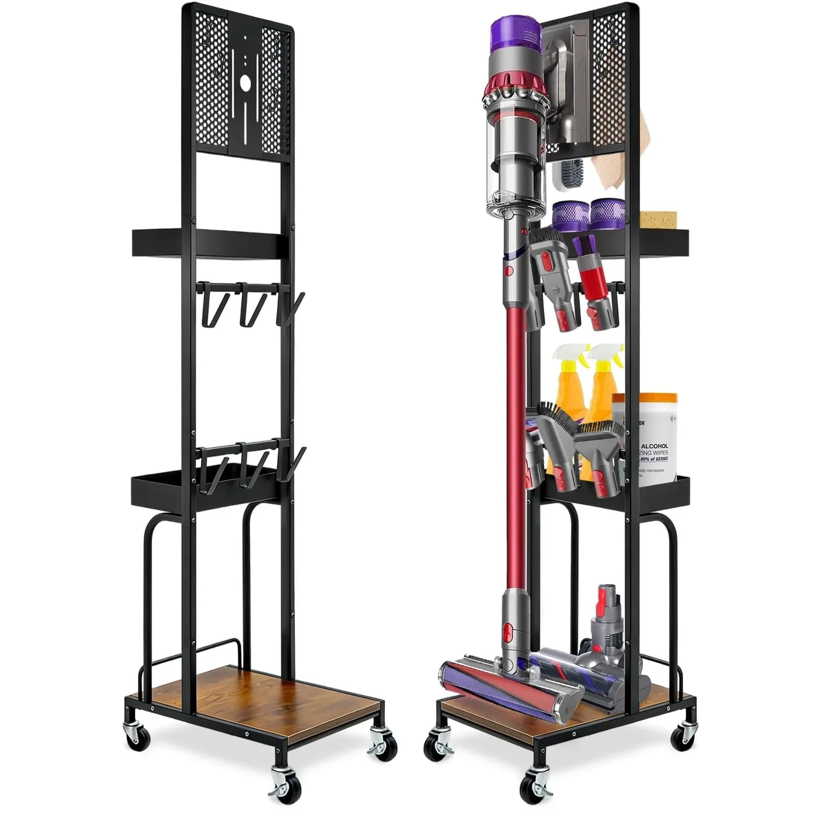 Haturi Freestanding Vacuum Stand for Dyson V16 Gen5 V15 V12 V11 V10 V8 V7 Cordless Cleaners | Black Metal with Wheels & Storage Baskets (55.11 inch Height)