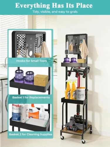 Haturi Freestanding Vacuum Stand for Dyson V16 Gen5 V15 V12 V11 V10 V8 V7 Cordless Cleaners | Black Metal with Wheels & Storage Baskets (55.11 inch Height) thumbnail 4