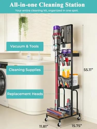 Haturi Freestanding Vacuum Stand for Dyson V16 Gen5 V15 V12 V11 V10 V8 V7 Cordless Cleaners | Black Metal with Wheels & Storage Baskets (55.11 inch Height) thumbnail 5
