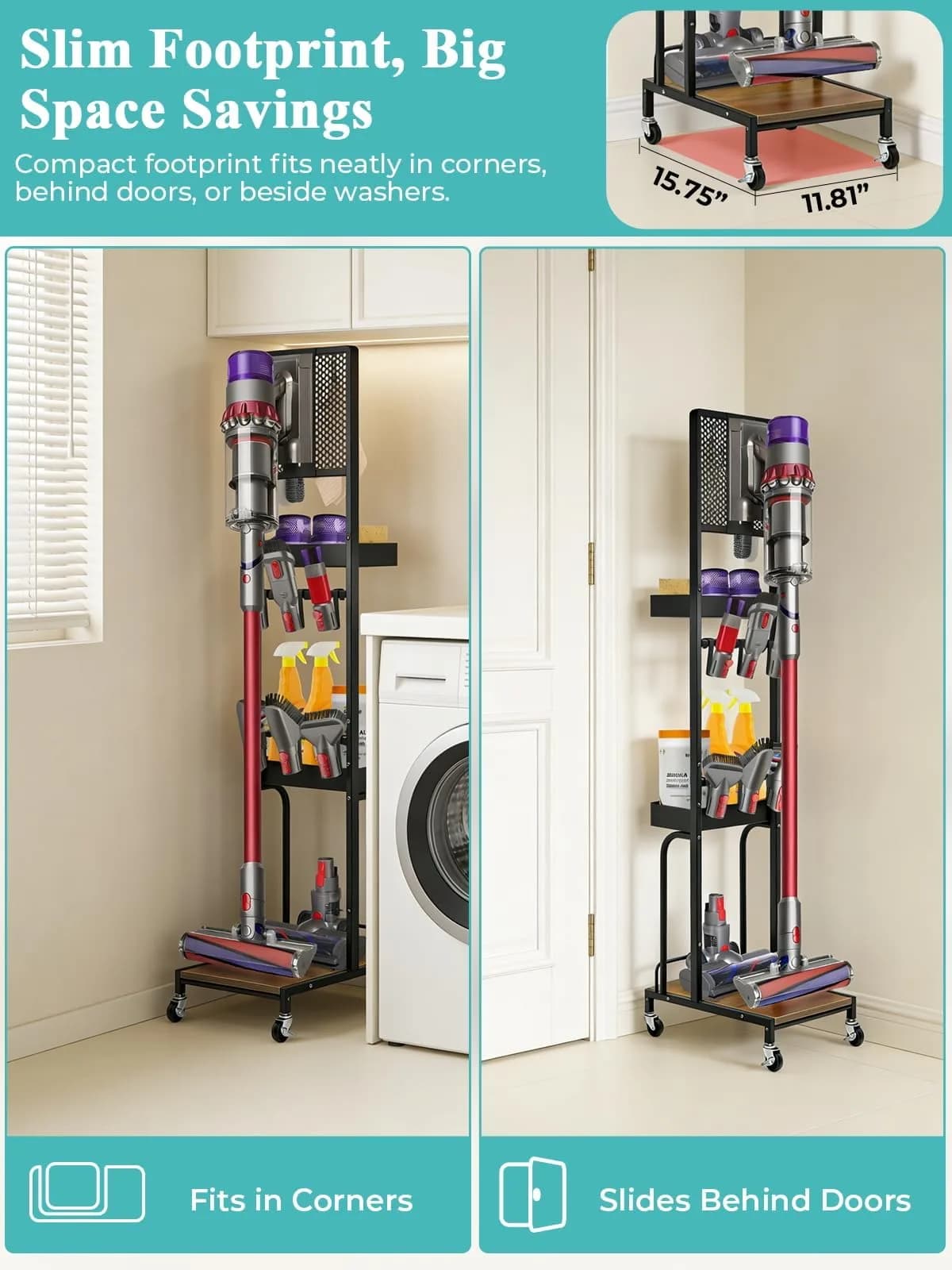 Haturi Freestanding Vacuum Stand for Dyson V16 Gen5 V15 V12 V11 V10 V8 V7 Cordless Cleaners | Black Metal with Wheels & Storage Baskets (55.11 inch Height) - view 6