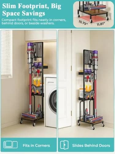 Haturi Freestanding Vacuum Stand for Dyson V16 Gen5 V15 V12 V11 V10 V8 V7 Cordless Cleaners | Black Metal with Wheels & Storage Baskets (55.11 inch Height) thumbnail 6