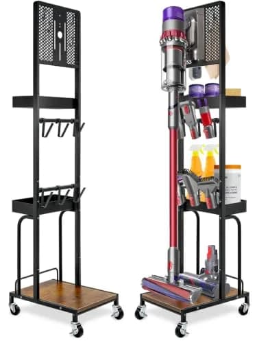 Haturi Freestanding Vacuum Stand for Dyson V16 Gen5 V15 V12 V11 V10 V8 V7 Cordless Cleaners | Black Metal with Wheels & Storage Baskets (55.11 inch Height) thumbnail 1