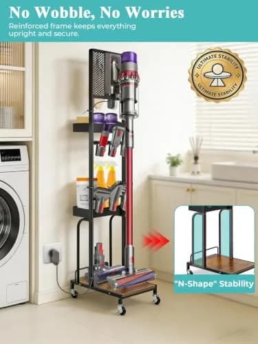 Haturi Freestanding Vacuum Stand for Dyson V16 Gen5 V15 V12 V11 V10 V8 V7 Cordless Cleaners | Black Metal with Wheels & Storage Baskets (55.11 inch Height) thumbnail 7