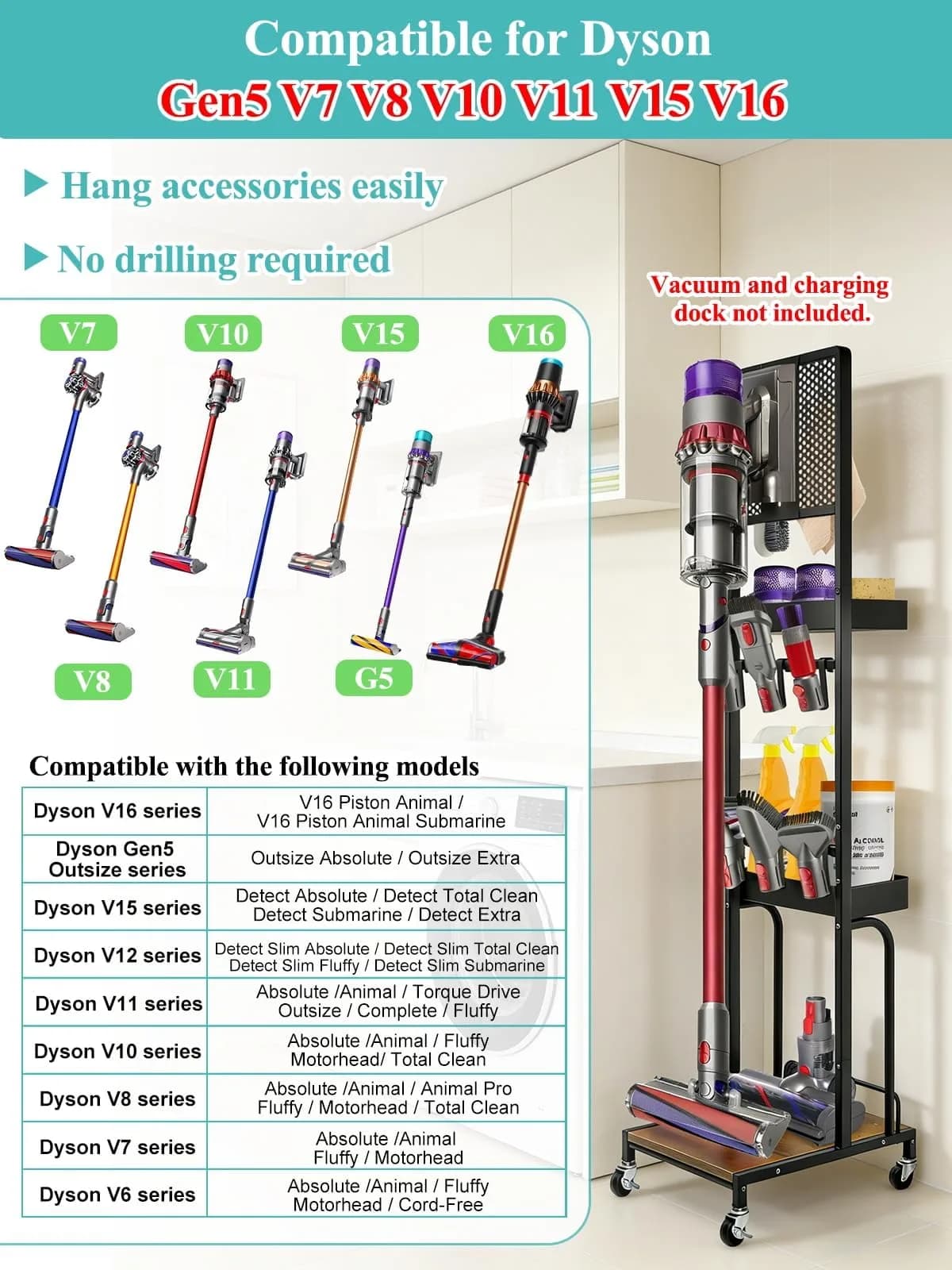 Haturi Freestanding Vacuum Stand for Dyson V16 Gen5 V15 V12 V11 V10 V8 V7 Cordless Cleaners | Black Metal with Wheels & Storage Baskets (55.11 inch Height) - view 2