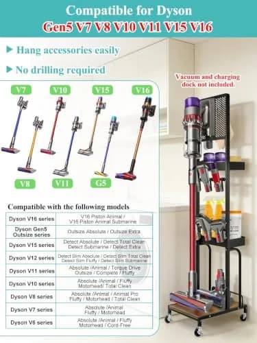 Haturi Freestanding Vacuum Stand for Dyson V16 Gen5 V15 V12 V11 V10 V8 V7 Cordless Cleaners | Black Metal with Wheels & Storage Baskets (55.11 inch Height) thumbnail 2