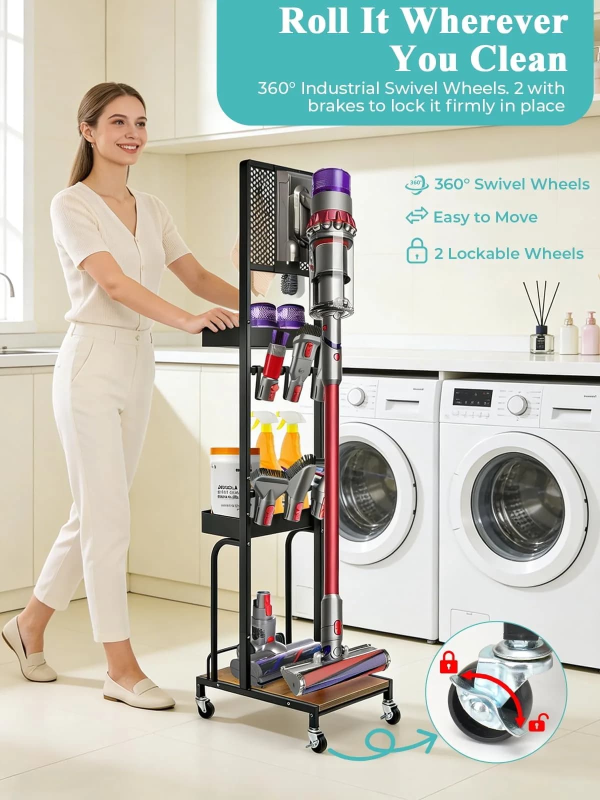 Haturi Freestanding Vacuum Stand for Dyson V16 Gen5 V15 V12 V11 V10 V8 V7 Cordless Cleaners | Black Metal with Wheels & Storage Baskets (55.11 inch Height) - view 3