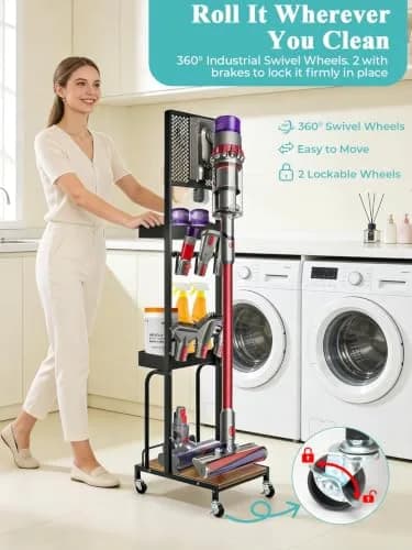 Haturi Freestanding Vacuum Stand for Dyson V16 Gen5 V15 V12 V11 V10 V8 V7 Cordless Cleaners | Black Metal with Wheels & Storage Baskets (55.11 inch Height) thumbnail 3