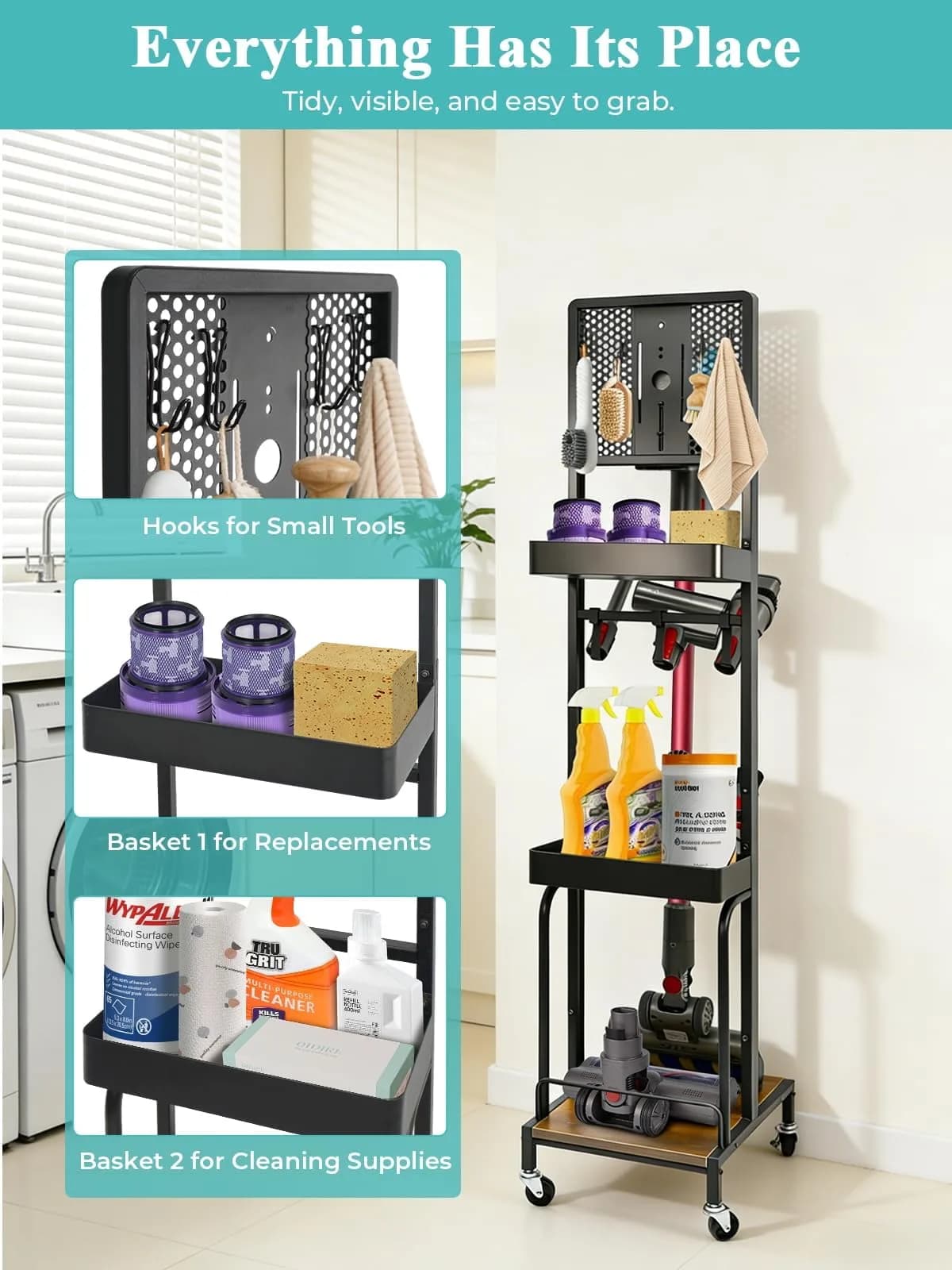 Haturi Freestanding Vacuum Stand for Dyson V16 Gen5 V15 V12 V11 V10 V8 V7 Cordless Cleaners | Black Metal with Wheels & Storage Baskets (55.11 inch Height) - view 4