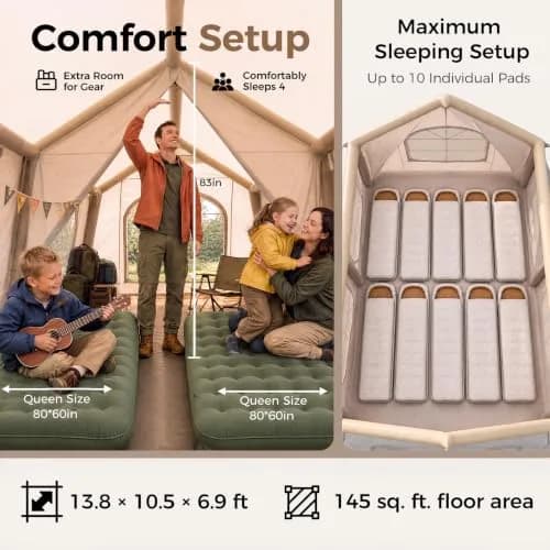 FICISOG Inflatable Tent 8-10 Person | Large Family Camping Shelter with Stove Jack thumbnail 4