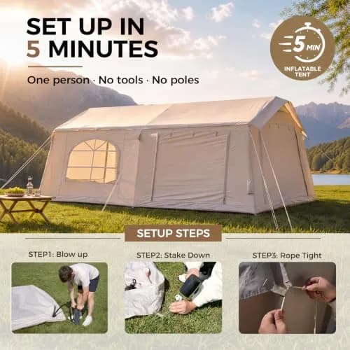 FICISOG Inflatable Tent 8-10 Person | Large Family Camping Shelter with Stove Jack thumbnail 2