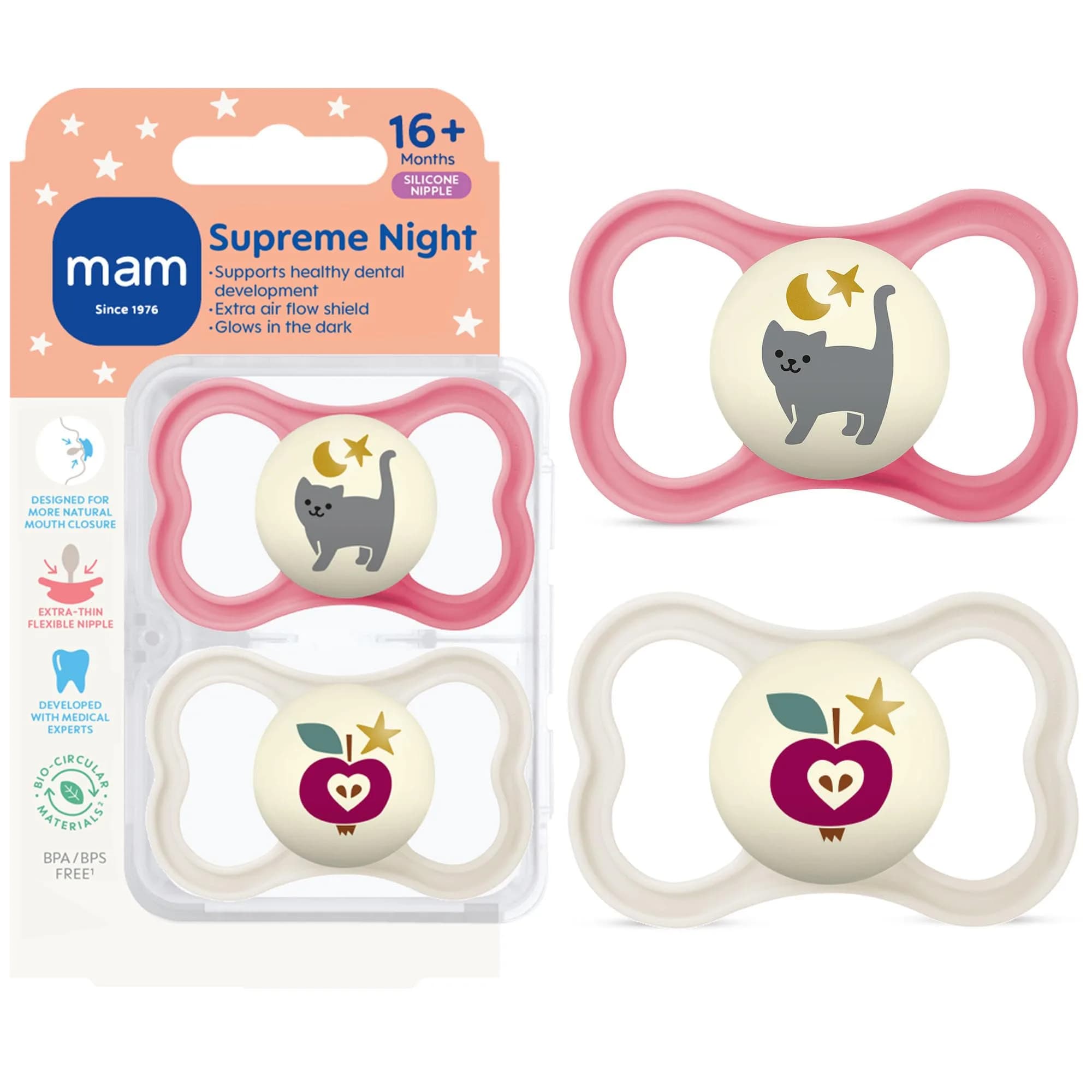 MAM Supreme Baby Pacifier 16+ Mths, 24 Count (24 Count) | Premium Extra Thin Nipple, Glow-in-the-Dark, BPA-Free Silicone - main product image
