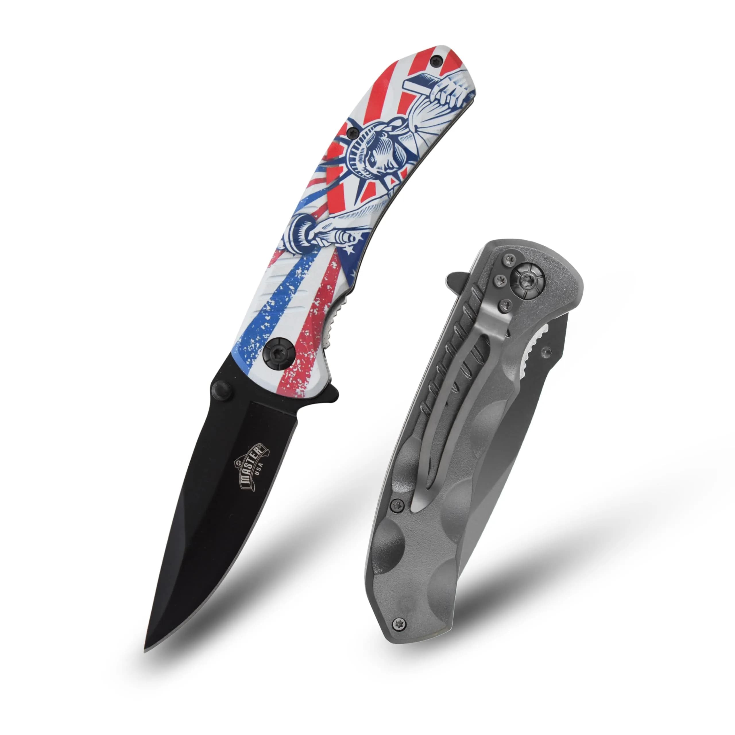 MASTER USA 7.75" Folding Pocket Knife, Statue of Liberty Handle, 3.25" Black 3CR13 Blade | Compact Outdoor Utility