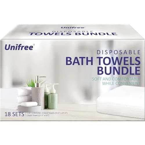 UNIFREE Disposable Towels Bundle, 1 Bath & 2 Hand Towels, 18 Sets | 27.5"x55" | Ultra-Soft & Absorbent thumbnail 1