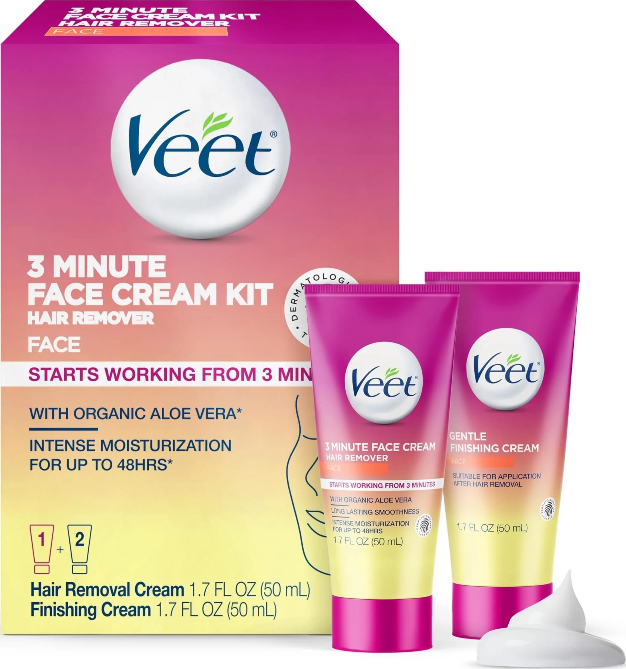 Veet 3 Minute Facial Hair Removal Cream for Women | Organic Aloe Vera, 2 Piece Kit, 3.4 Fl Oz (Pack of 6)