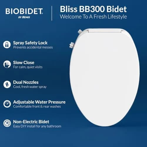 Bio Bidet BB300 Non-Electric Bidet Toilet Seat Elongated | Child Safety Lock, No Outlet Needed, Dual Nozzles, Easy DIY thumbnail 4
