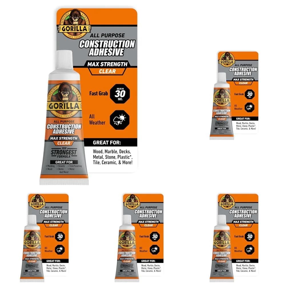 Gorilla Max Strength Clear Construction Adhesive 2.5 oz (74ml) Tubes, Pack of 5 | Strongest Formula, Waterproof, Gap-Filling — 2.5oz