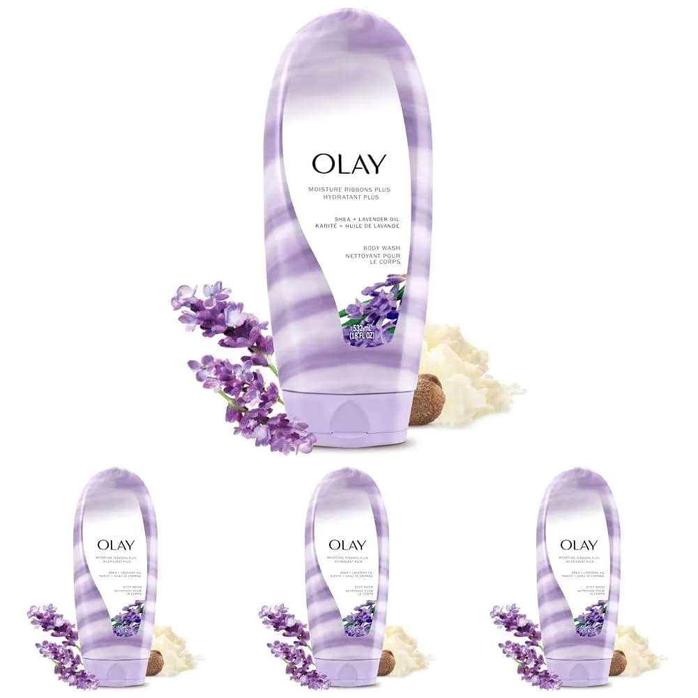 Olay Moisture Ribbons Plus Shea Butter & Lavender Oil Body Wash 18 Fl Oz (Pack of 4) | Indulgent Moisturizing Formula for All Skin Types — Pack of 4