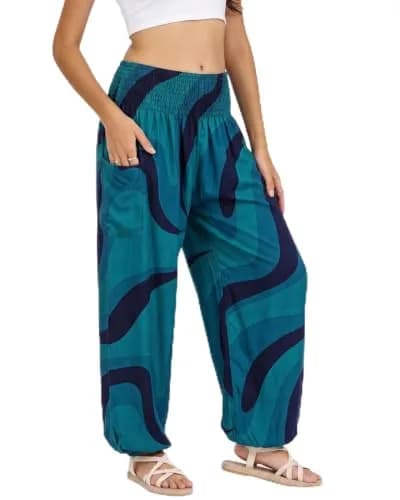LOFBAZ Boho Harem Pants for Women Wave Green Large | Versatile, Lightweight & Comfortable thumbnail 1