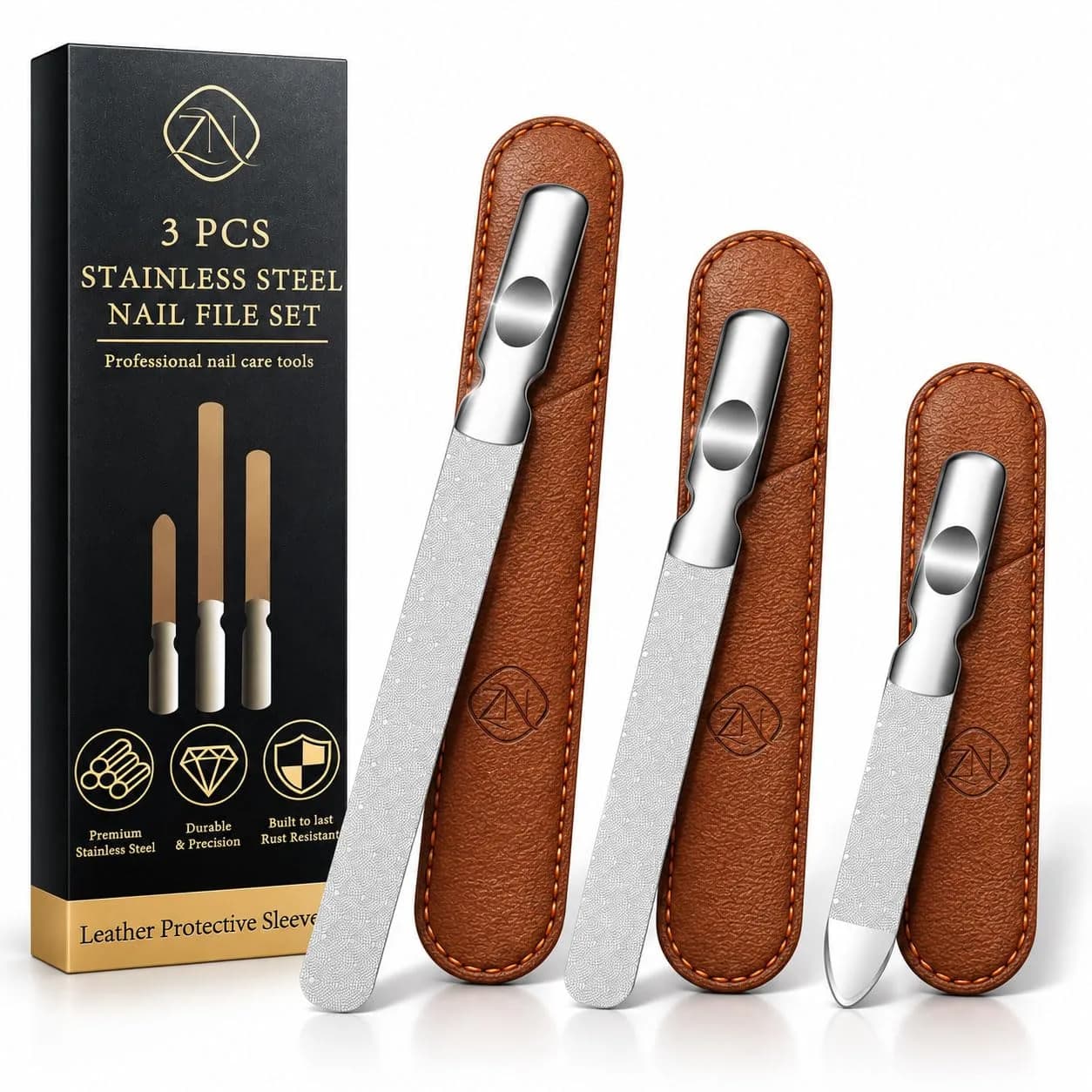 ZIZZON Metal Nail File Set | 3 Sizes, Double Sided, Individual Cases for Nail Care in India — Silvery