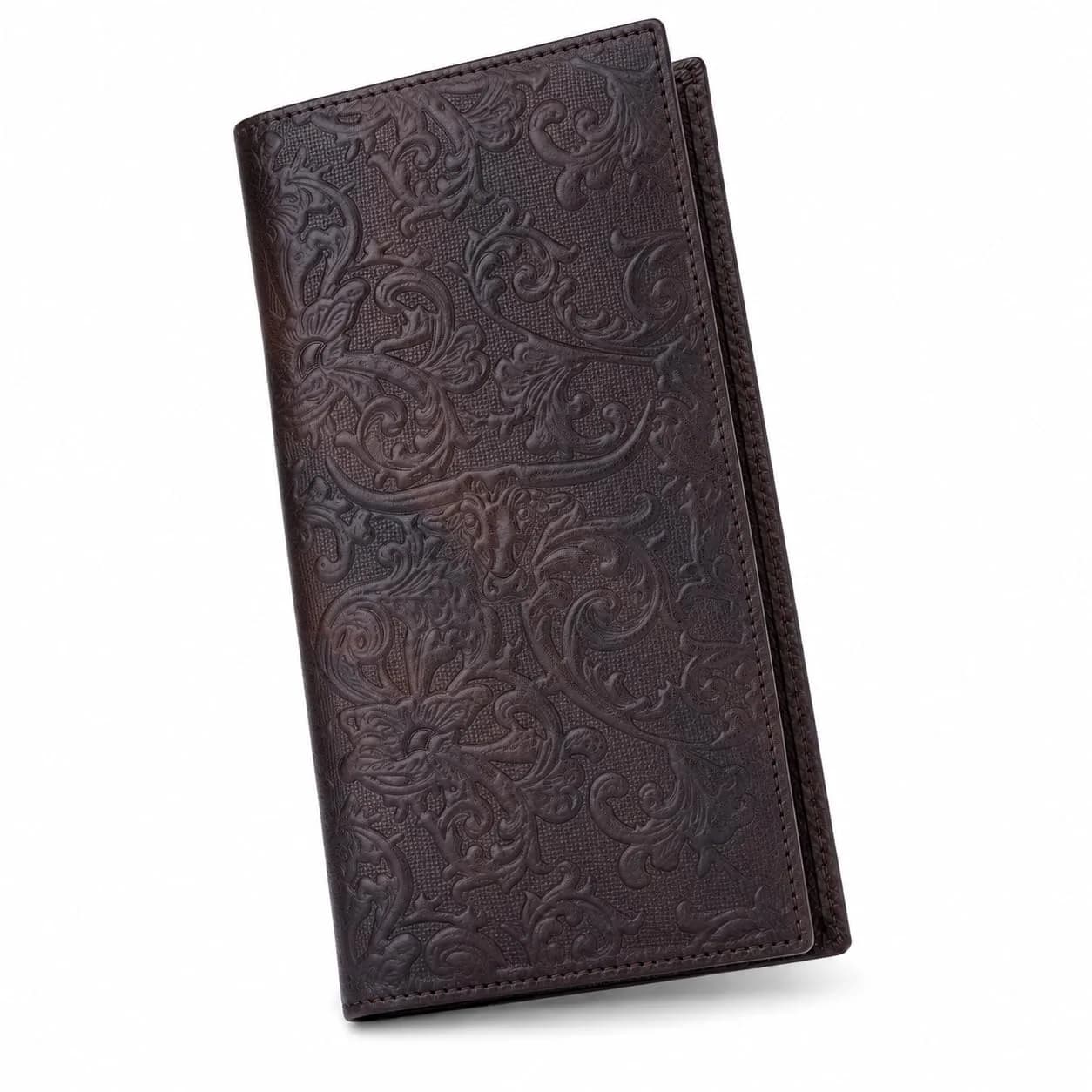 BISON DENIM Long Wallet for Men with AirTag Holder, Genuine Leather RFID Bifold Checkbook, 12 Card Slots, ID Window & Zipper Coin Pocket — Brown-longhorns