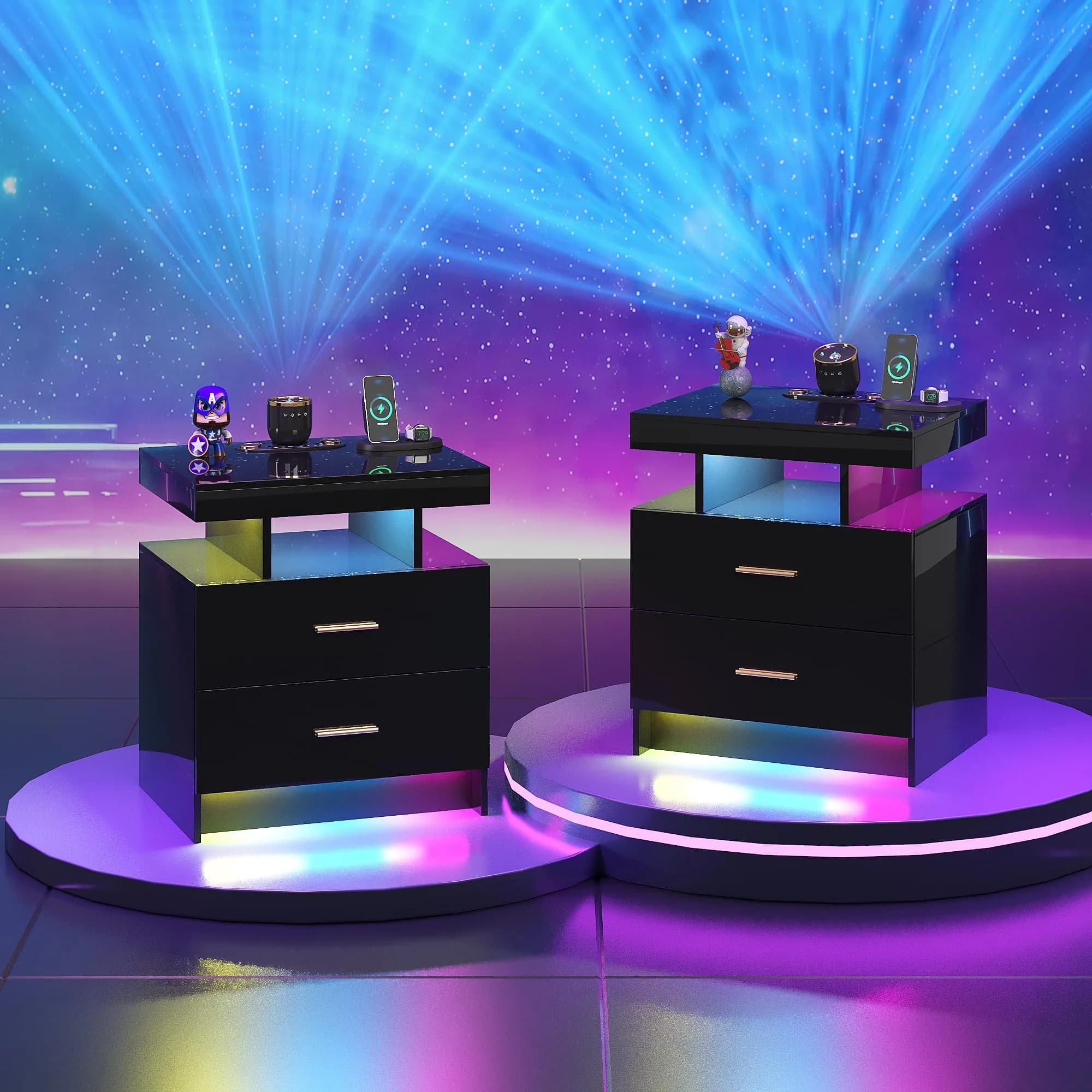 HNEBC Night Stand Set 2 with Galaxy Star Projector, Bluetooth Speaker, Black | Modern Bedroom & Living Room Furniture