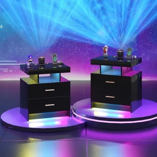 HNEBC Night Stand Set 2 with Galaxy Star Projector, Bluetooth Speaker, Black | Modern Bedroom & Living Room Furniture thumbnail 1