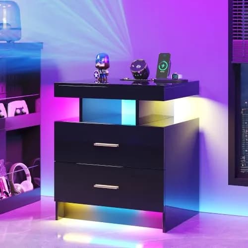 HNEBC Night Stand Set 2 with Galaxy Star Projector, Bluetooth Speaker, Black | Modern Bedroom & Living Room Furniture thumbnail 4