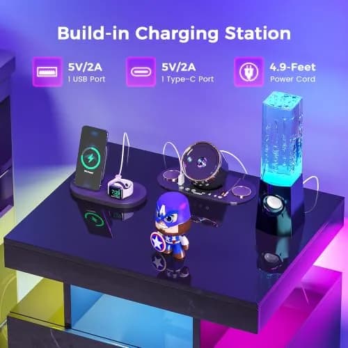 HNEBC Night Stand Set 2 with Galaxy Star Projector, Bluetooth Speaker, Black | Modern Bedroom & Living Room Furniture thumbnail 5