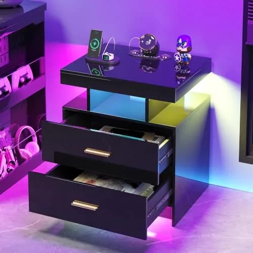HNEBC Night Stand Set 2 with Galaxy Star Projector, Bluetooth Speaker, Black | Modern Bedroom & Living Room Furniture thumbnail 6