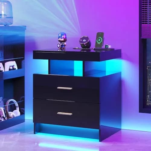 HNEBC Night Stand Set 2 with Galaxy Star Projector, Bluetooth Speaker, Black | Modern Bedroom & Living Room Furniture thumbnail 7