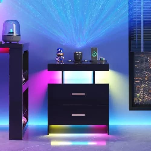 HNEBC Night Stand Set 2 with Galaxy Star Projector, Bluetooth Speaker, Black | Modern Bedroom & Living Room Furniture thumbnail 8