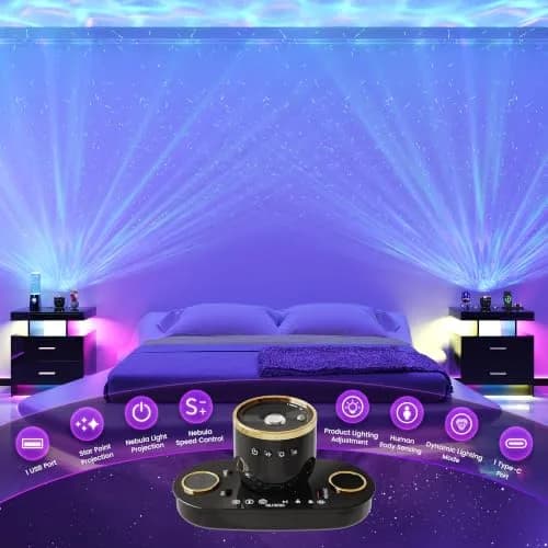 HNEBC Night Stand Set 2 with Galaxy Star Projector, Bluetooth Speaker, Black | Modern Bedroom & Living Room Furniture thumbnail 2