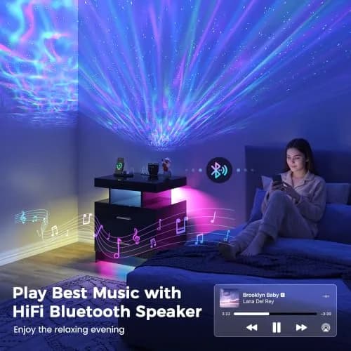 HNEBC Night Stand Set 2 with Galaxy Star Projector, Bluetooth Speaker, Black | Modern Bedroom & Living Room Furniture thumbnail 3
