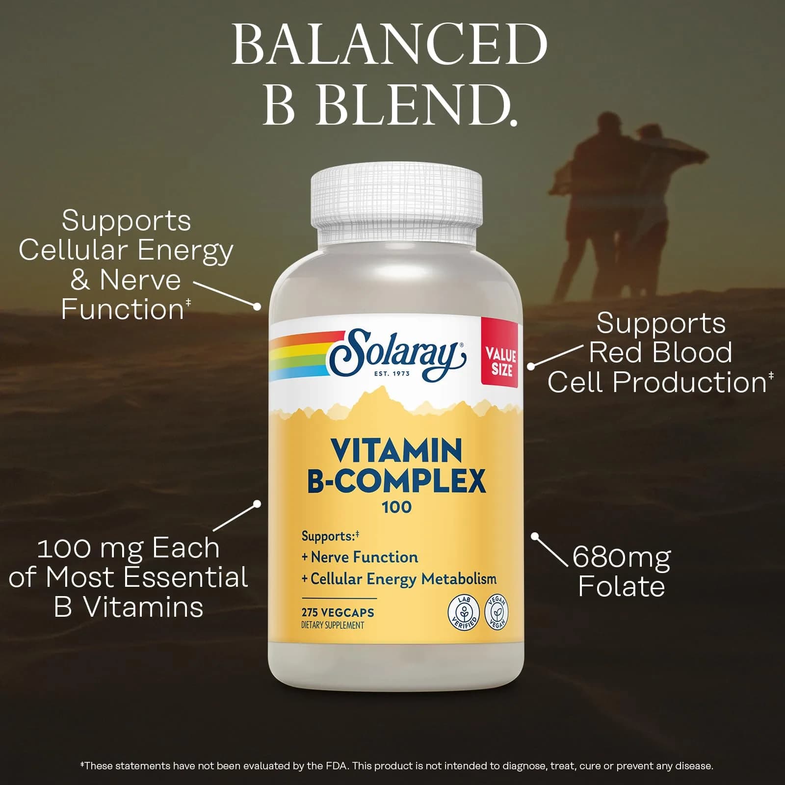 SOLARAY Vitamin B Complex 100 mg | Vegan VegCaps for Energy & Skin (100 Count Pack of 2)