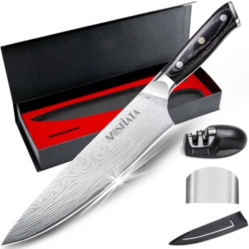 MOSFiATA 8" Super Sharp Chef's Knife with Finger Guard & Sharpener | German High Carbon Stainless Steel - main product image