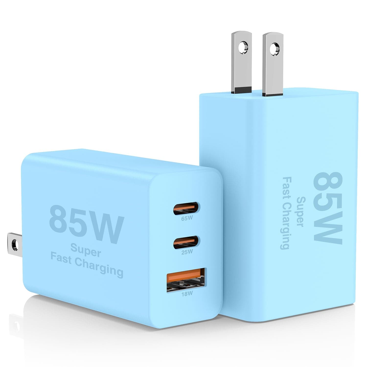 Hzevn 2Pack 85W USB C Wall Charger Block with 3 Ports | Super Fast Charging for MacBook & iPhone — Blue+Blue