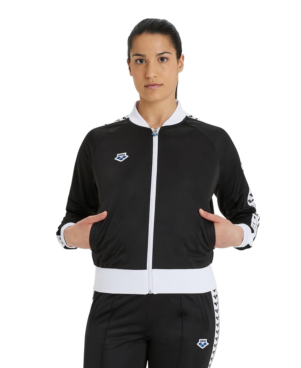 ARENA Women's Icons Relax IV Team Jacket Full-Zip Regular Fit Side Pockets Retro Logo Sporty Coat, Black/White, Medium - main product image