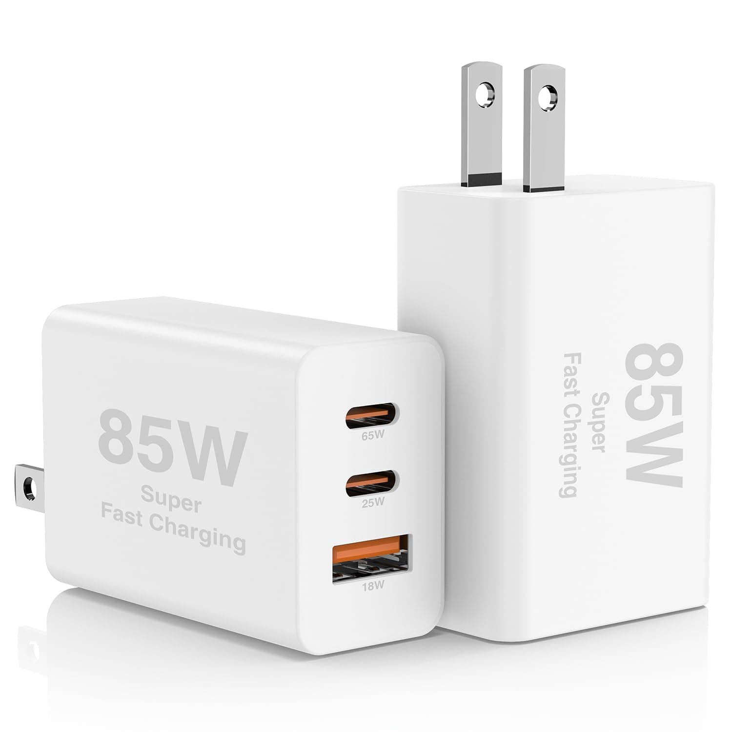 Hzevn 2Pack 85W USB C Wall Charger Block with 3 Ports | Super Fast Charging for MacBook & iPhone — White+White