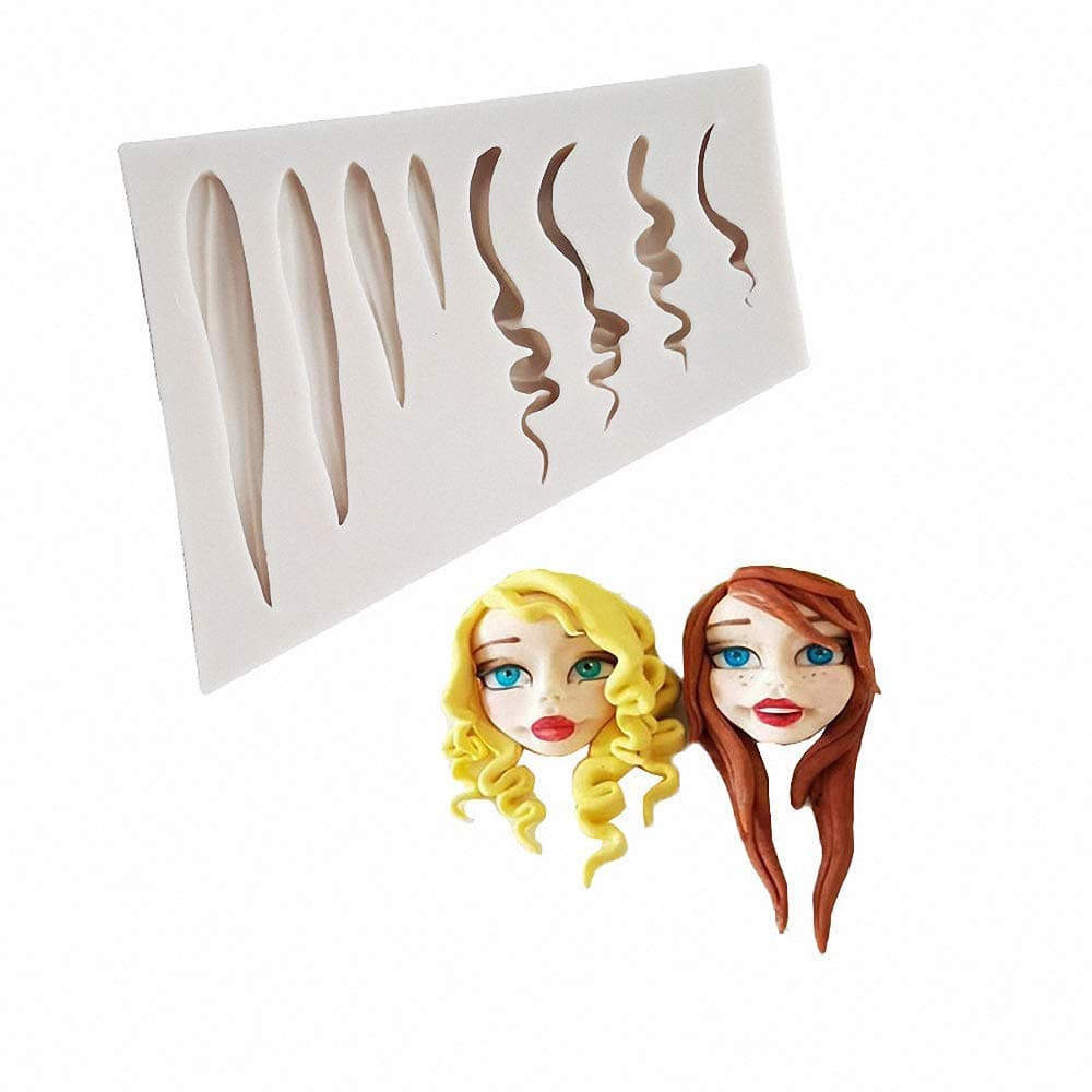 Fewo Girl Doll Hair Silicone Clay Mold Woman Hair Fondant Mould 8.5cm x 13.8cm | Food-Grade Silicone Craft Tool - main product image