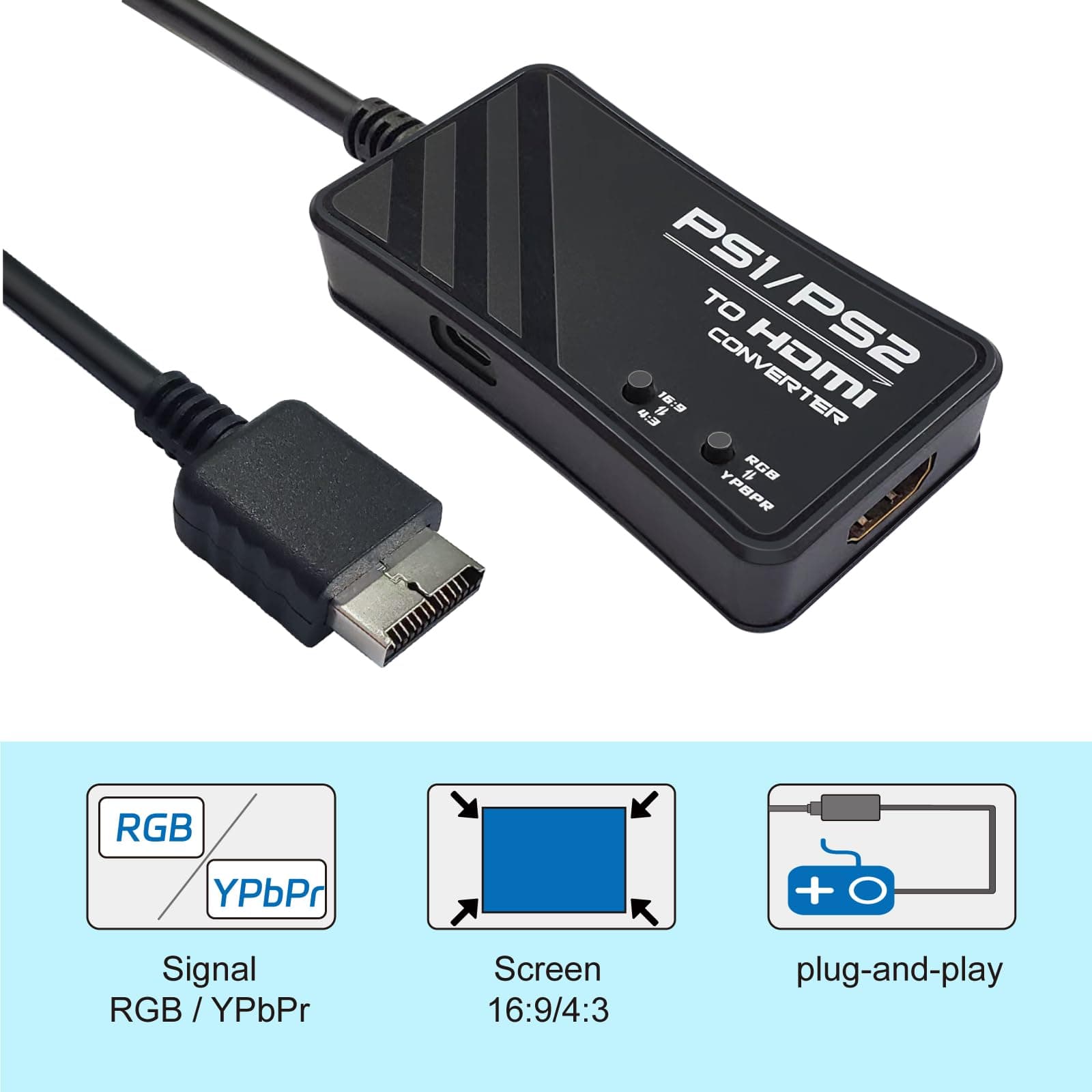 FeiEVER HDMI Adapter for PS1/PS2 Support RGB & YPbPr Signal Switch 720P | Compatible with Classic PlayStation Consoles - view 3