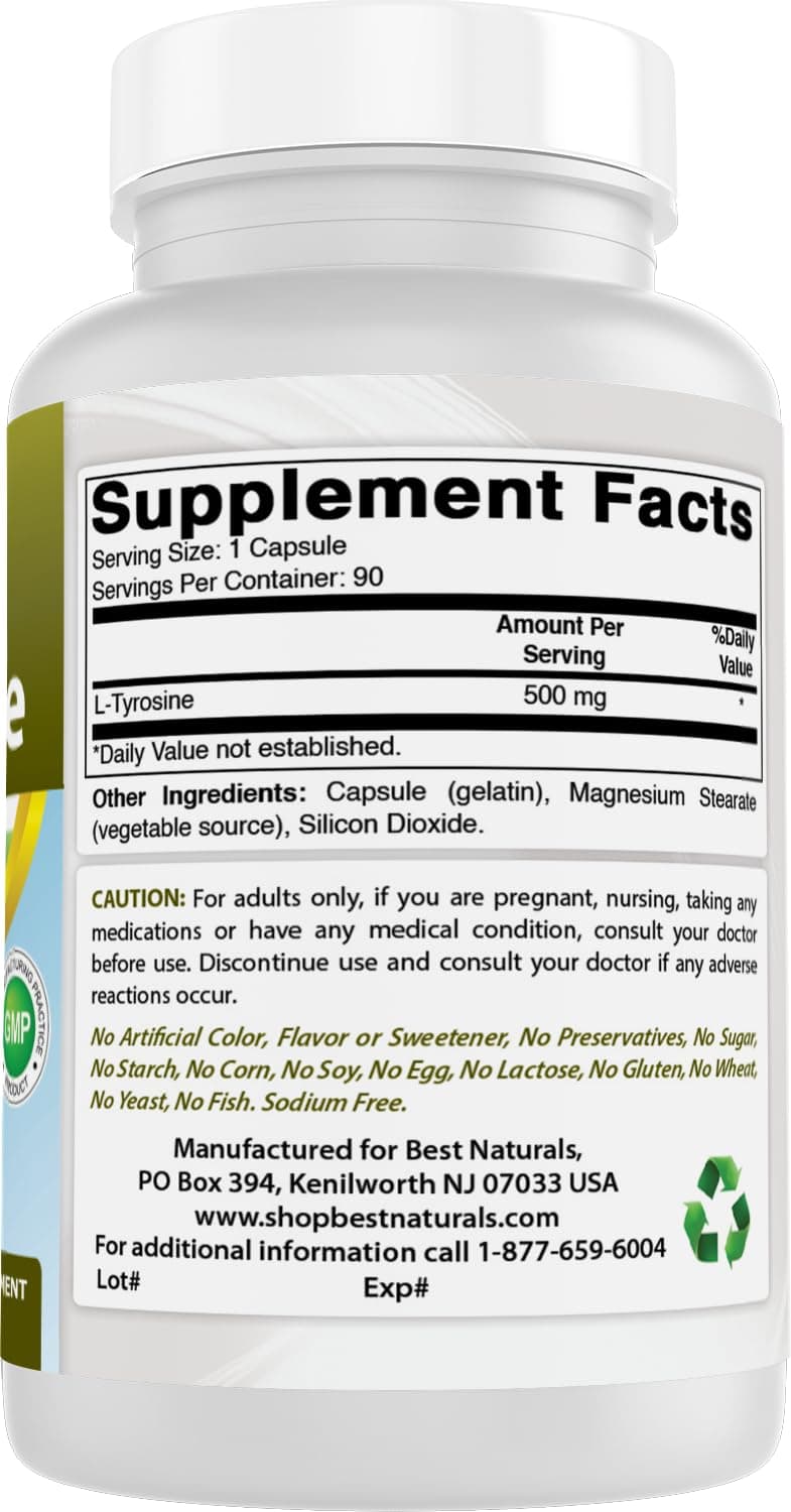 Best Naturals L-Tyrosine 500 mg 90 Capsules | Unflavoured, 2 Pack, Made in USA - view 4