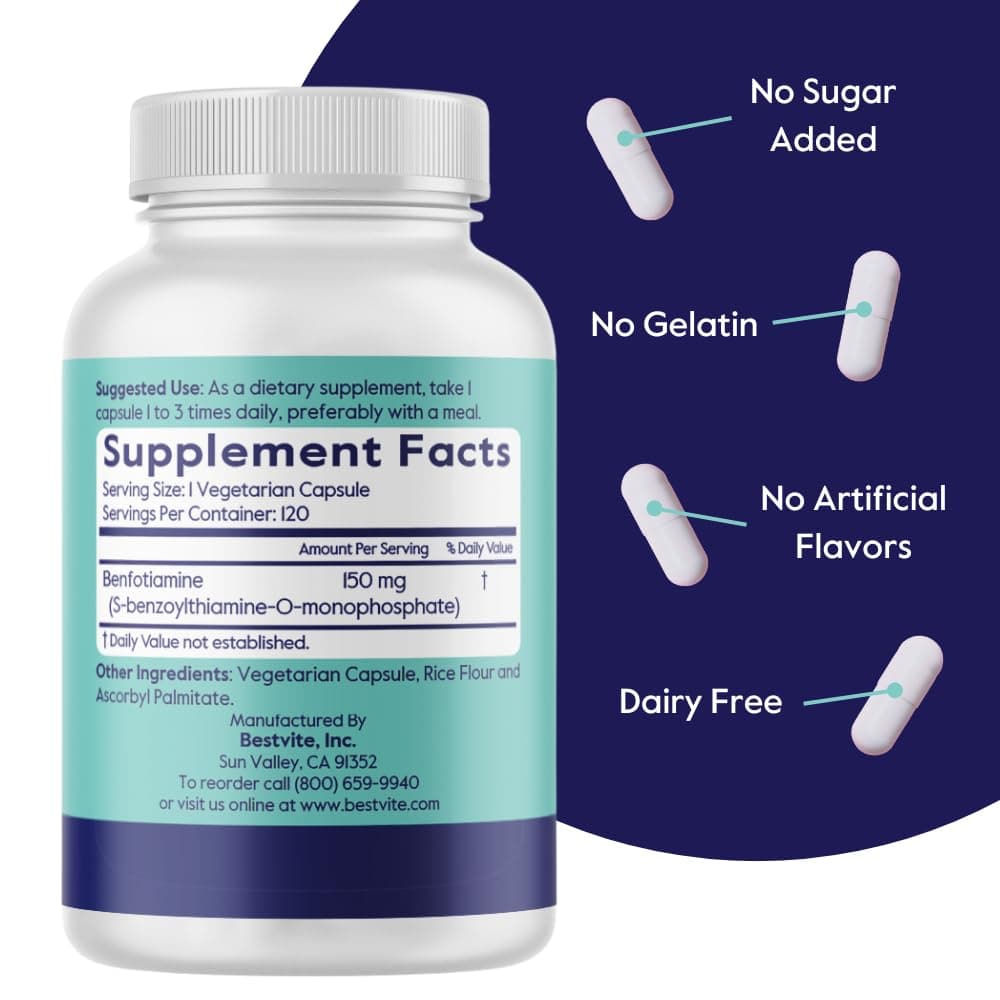 BESTVITE Benfotiamine 150mg (240 Veg Caps) (120x2) - No Stearates - Vegan | Supports Circulation & Nervous System - view 3