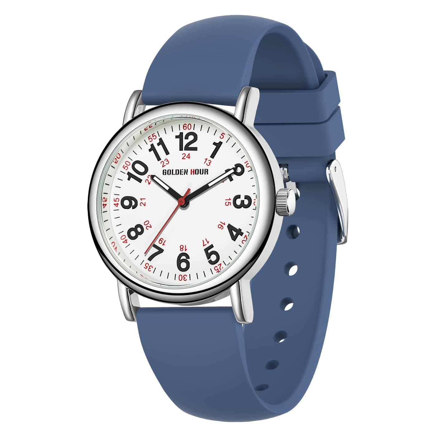 GOLDEN HOUR Waterproof Nurse Watch 38mm White Silicone Band | Easy Read 12/24 Hour Dial, Second Hand, Medical-Style — Navy Blue