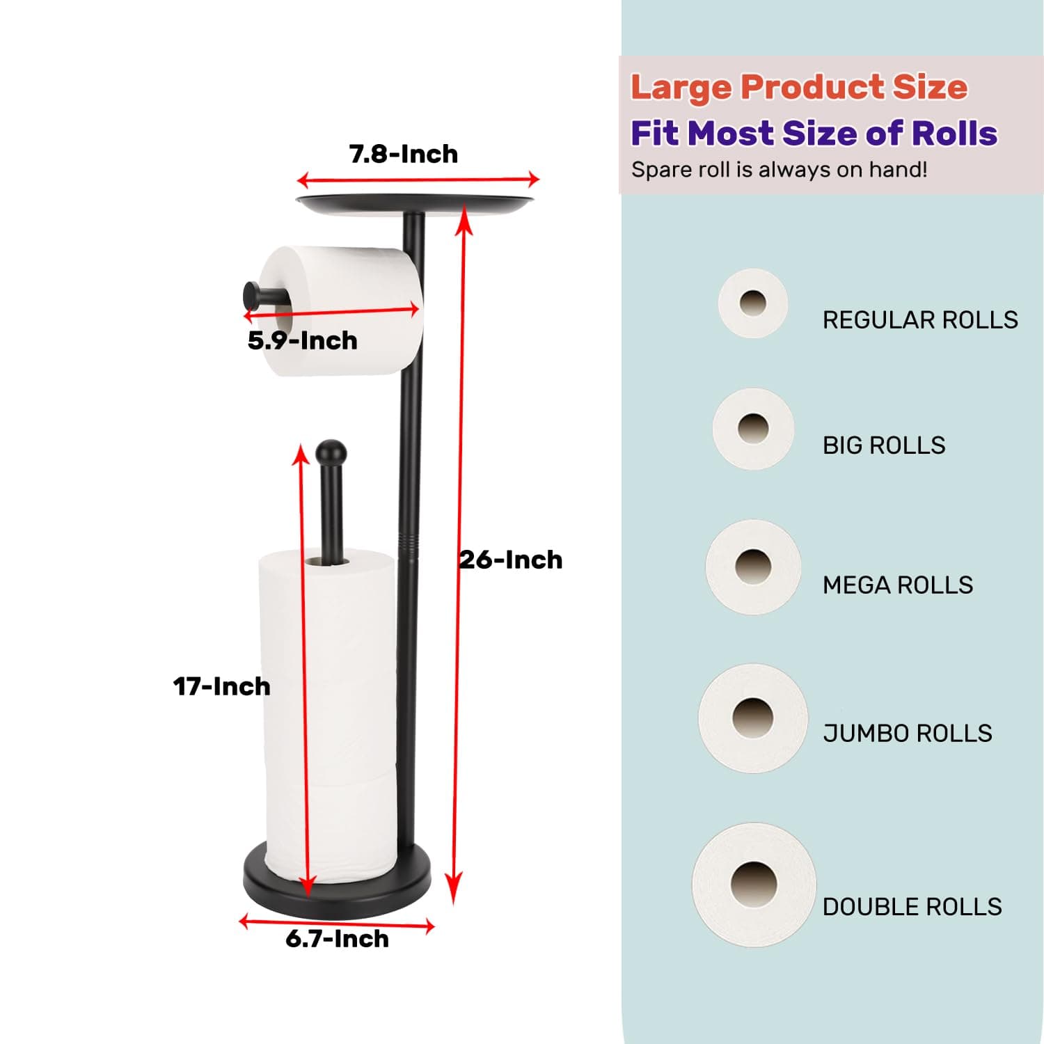 Sfemn Black Toilet Paper Holder Stand, Freestanding with Shelf & Storage, 26-inch - view 4