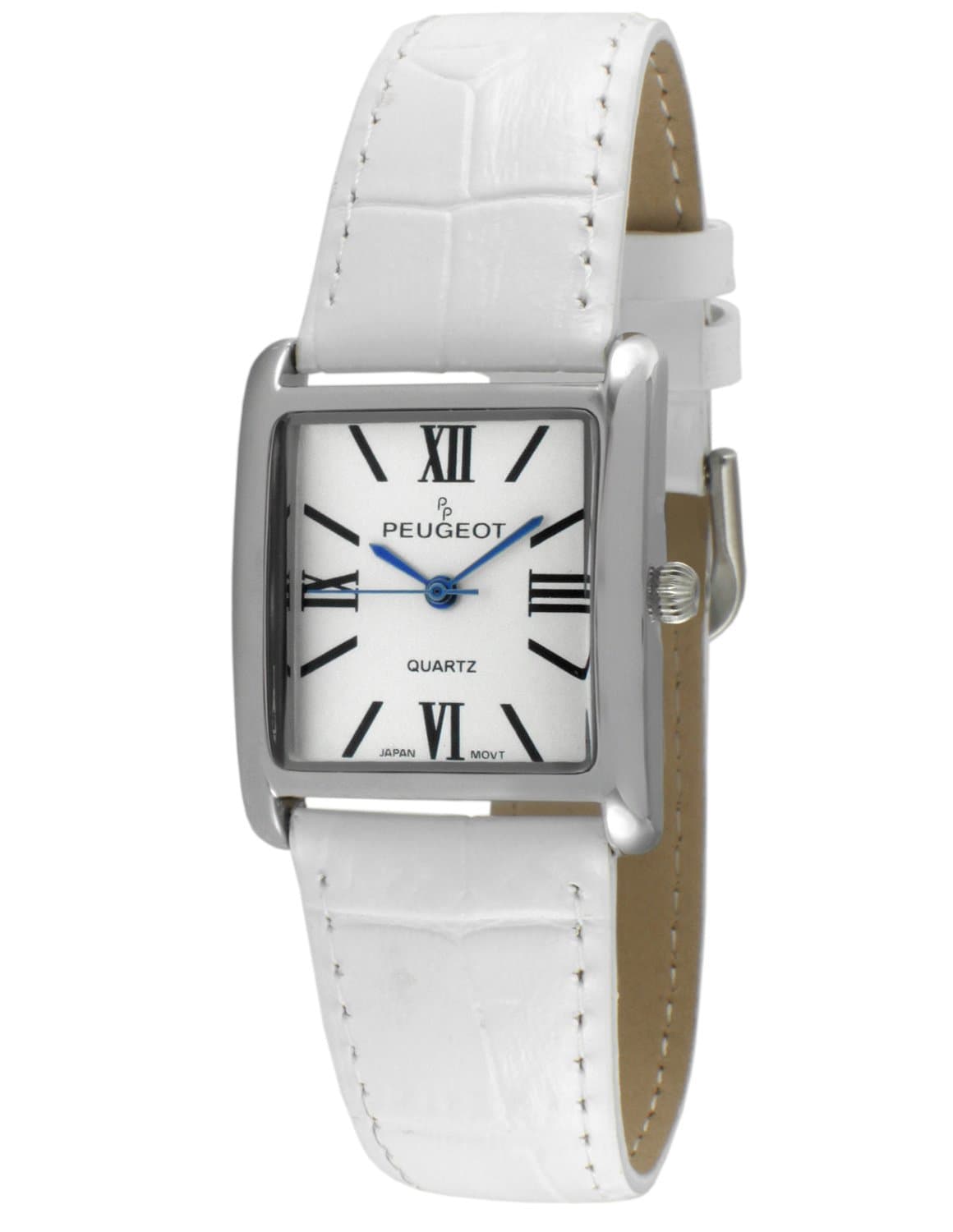 Peugeot Women's Tank Leather Dress Watch Roman Numeral Dial Blue Hands | Elegant Gold Plated — White