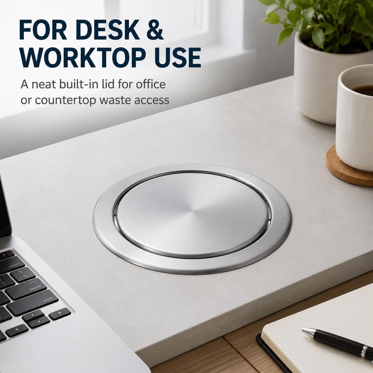 Cabilock Recessed Countertop Trash Bin Lid, Stainless Steel, Silent Swing, 21x21cm | Space-Saving Kitchen & Bathroom Cover - view 3