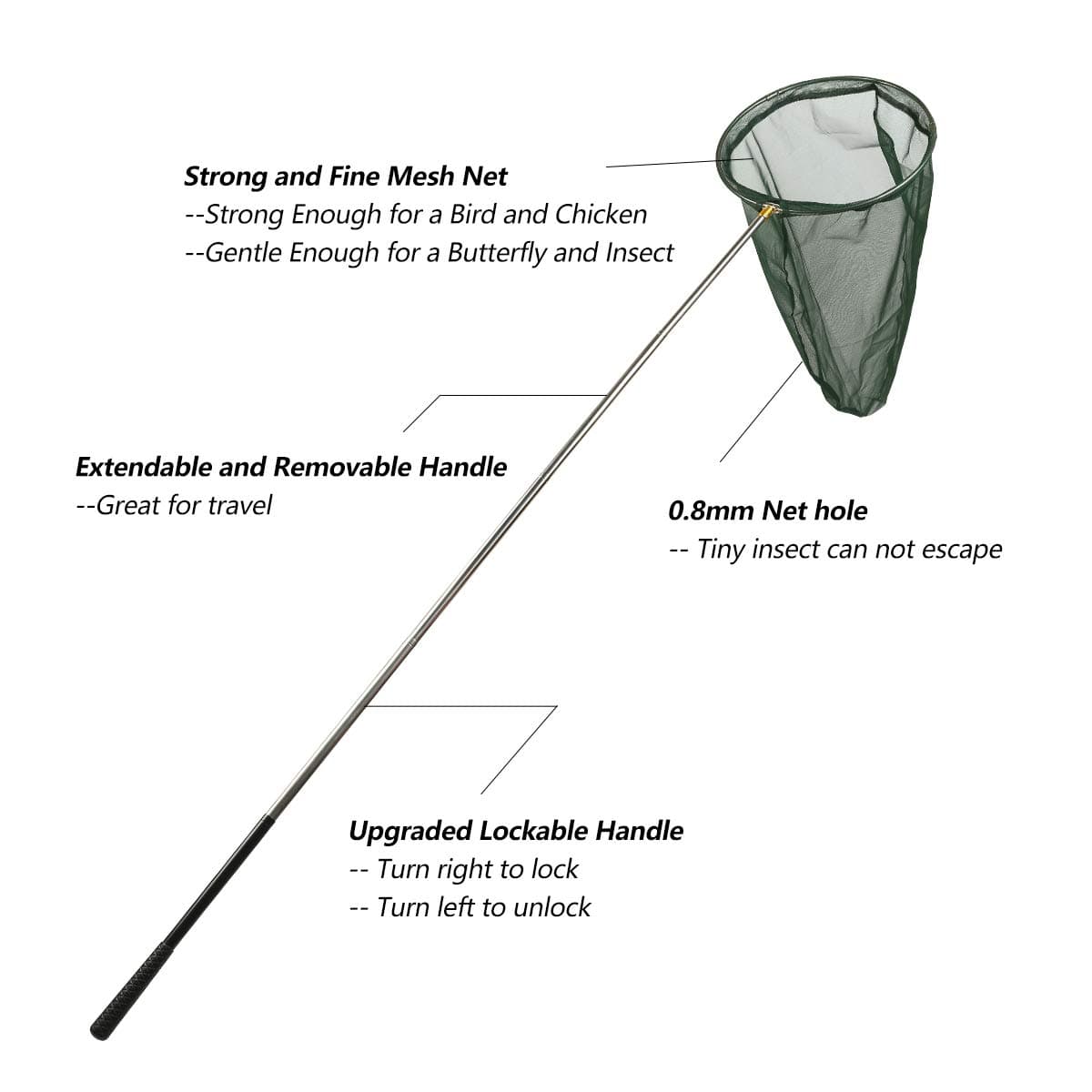 RESTCLOUD Professional Insect and Butterfly Net, 14" Ring, 59" Handle, Green | Extendable Bug Catching Tool - view 3